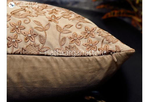Brown Embroidered Throw Pillow Square Decorative Home Decor Pillow Cover Handmade Embroidery Cushion Cover Housewarming Bridal Shower Gift